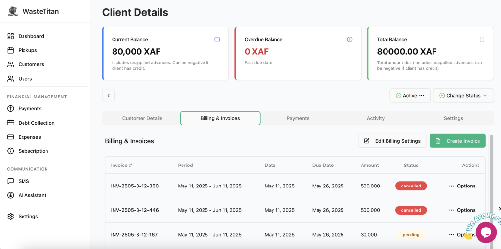 Customer account with wastetitan software for waste disposal companies.