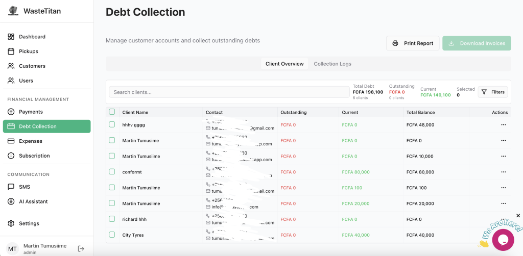 Debt collection logs feature for waste disposal companies