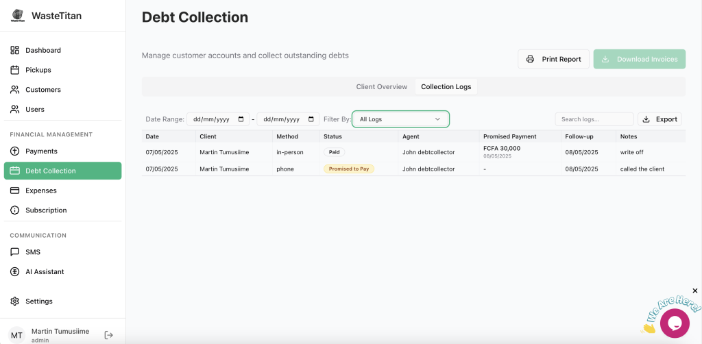 WasteTitan Debt Collection logs section